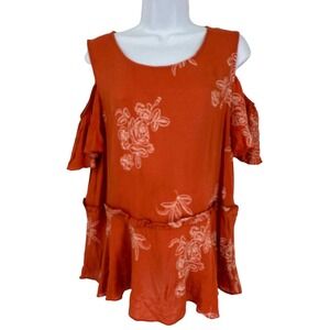 Ro & De Women's Orange Off Shoulder Flutter Sleeve Embroidered Top Medium